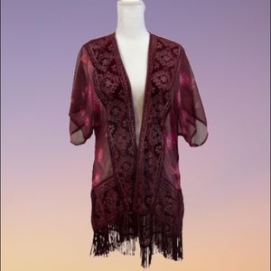 Hollister Red Sheer Fringe Kimono Open Front